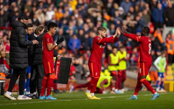 LIVERPOOL, ENGLAND - Sunday, February 6th, 2022: Liverpool's Harvey Elliott replaces Naby Keita during the FA Cup 4th Round match between Liverpool FC and Cardiff City FC at Anfield. (Pic by David Rawcliffe/Propaganda)