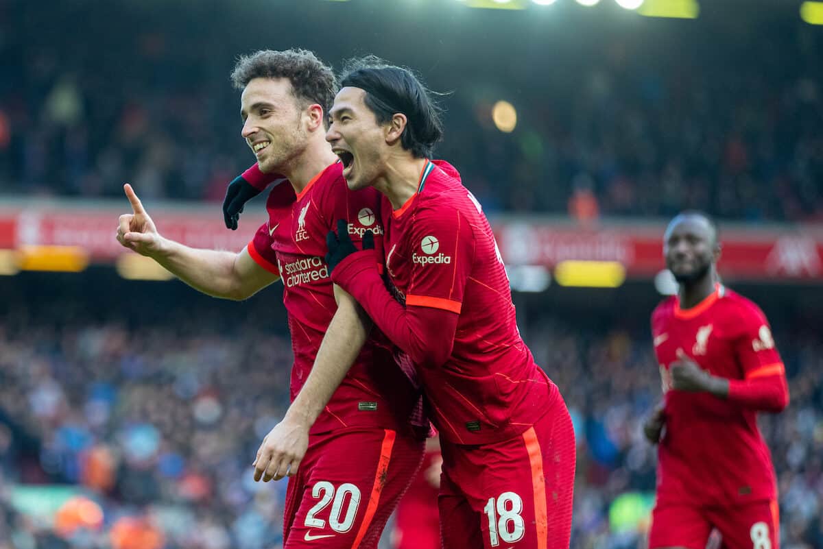 LIVERPOOL, ENGLAND - Sunday, February 6th, 2022: Liverpool's Diogo Jota celebrates after scoring the first goal during the FA Cup 4th Round match between Liverpool FC and Cardiff City FC at Anfield. (Pic by David Rawcliffe/Propaganda)