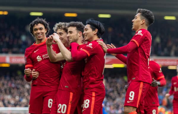 LIVERPOOL, ENGLAND - Sunday, February 6th, 2022: Liverpool's Diogo Jota celebrates after scoring the first goal during the FA Cup 4th Round match between Liverpool FC and Cardiff City FC at Anfield. (Pic by David Rawcliffe/Propaganda)