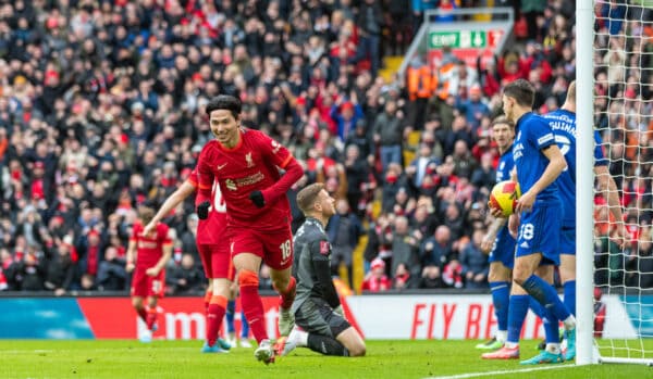 LIVERPOOL, ENGLAND - Sunday, February 6th, 2022: Liverpool's Takumi Minamino celebrates after scoring the second goal during the FA Cup 4th Round match between Liverpool FC and Cardiff City FC at Anfield. (Pic by David Rawcliffe/Propaganda)