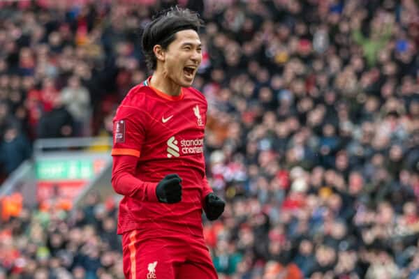 LIVERPOOL, ENGLAND - Sunday, February 6th, 2022: Liverpool's Takumi Minamino celebrates after scoring the second goal during the FA Cup 4th Round match between Liverpool FC and Cardiff City FC at Anfield. (Pic by David Rawcliffe/Propaganda)