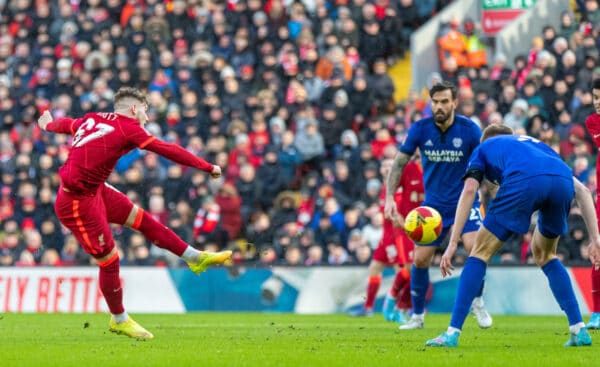 LIVERPOOL, ENGLAND - Sunday, February 6th, 2022: Liverpool's Harvey Elliott scores the third goal during the FA Cup 4th Round match between Liverpool FC and Cardiff City FC at Anfield. (Pic by David Rawcliffe/Propaganda)