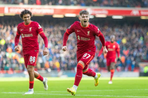 LIVERPOOL, ENGLAND - Sunday, February 6th, 2022: Liverpool's Harvey Elliott celebrates after scoring the third goal during the FA Cup 4th Round match between Liverpool FC and Cardiff City FC at Anfield. (Pic by David Rawcliffe/Propaganda)