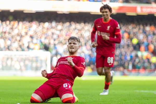 LIVERPOOL, ENGLAND - Sunday, February 6th, 2022: Liverpool's Harvey Elliott celebrates after scoring the third goal during the FA Cup 4th Round match between Liverpool FC and Cardiff City FC at Anfield. (Pic by David Rawcliffe/Propaganda)