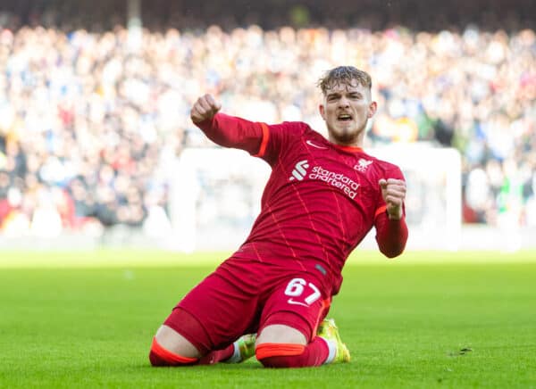 LIVERPOOL, ENGLAND - Sunday, February 6th, 2022: Liverpool's Harvey Elliott celebrates after scoring the third goal during the FA Cup 4th Round match between Liverpool FC and Cardiff City FC at Anfield. (Pic by David Rawcliffe/Propaganda)