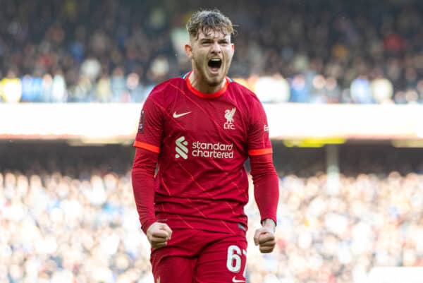 LIVERPOOL, ENGLAND - Sunday, February 6th, 2022: Liverpool's Harvey Elliott celebrates after scoring the third goal during the FA Cup 4th Round match between Liverpool FC and Cardiff City FC at Anfield. (Pic by David Rawcliffe/Propaganda)