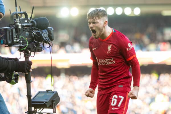 LIVERPOOL, ENGLAND - Sunday, February 6th, 2022: Liverpool's Harvey Elliott celebrates after scoring the third goal during the FA Cup 4th Round match between Liverpool FC and Cardiff City FC at Anfield. (Pic by David Rawcliffe/Propaganda)