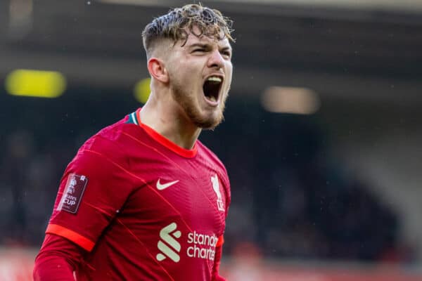 LIVERPOOL, ENGLAND - Sunday, February 6th, 2022: Liverpool's Harvey Elliott celebrates after scoring the third goal during the FA Cup 4th Round match between Liverpool FC and Cardiff City FC at Anfield. (Pic by David Rawcliffe/Propaganda)