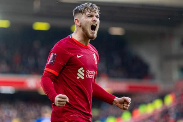 LIVERPOOL, ENGLAND - Sunday, February 6th, 2022: Liverpool's Harvey Elliott celebrates after scoring the third goal during the FA Cup 4th Round match between Liverpool FC and Cardiff City FC at Anfield. (Pic by David Rawcliffe/Propaganda)