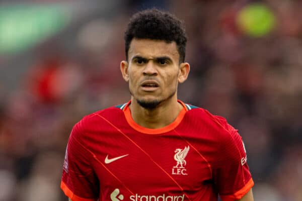 LIVERPOOL, ENGLAND - Sunday, February 6th, 2022: Liverpool's new signing Luis Díaz during the FA Cup 4th Round match between Liverpool FC and Cardiff City FC at Anfield. (Pic by David Rawcliffe/Propaganda)