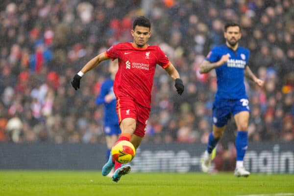 LIVERPOOL, ENGLAND - Sunday, February 6th, 2022: Liverpool's new signing Luis Díaz during the FA Cup 4th Round match between Liverpool FC and Cardiff City FC at Anfield. (Pic by David Rawcliffe/Propaganda)