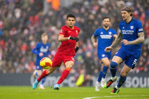 LIVERPOOL, ENGLAND - Sunday, February 6th, 2022: Liverpool's new signing Luis Díaz during the FA Cup 4th Round match between Liverpool FC and Cardiff City FC at Anfield. (Pic by David Rawcliffe/Propaganda)