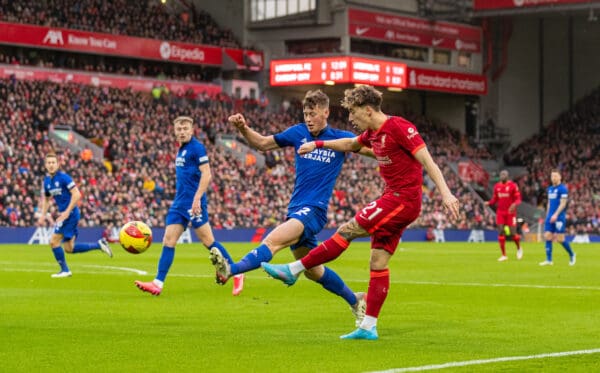 LIVERPOOL, ENGLAND - Sunday, February 6th, 2022: Liverpool's Kostas Tsimikas (R) crosses the ball during the FA Cup 4th Round match between Liverpool FC and Cardiff City FC at Anfield. (Pic by David Rawcliffe/Propaganda)