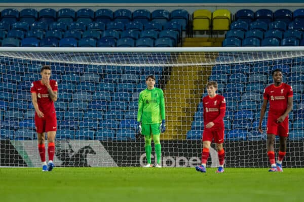 LONDON, ENGLAND - Monday, January 24, 2022: Liverpool's goalkeeper Marcelo Pitaluga and team-mates look dejected as LEEDS UNITED score the opening goalduring the Premier League 2 Division 1 match between Crystal Palace FC Under-23's and Liverpool FC Under-23's at the Crystal Palace Academy. (Pic by David Rawcliffe/Propaganda)