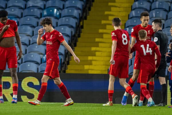 LONDON, ENGLAND - Monday, January 24, 2022: Liverpool's Owen Beck looks dejected after being shown a red card and sent off during the Premier League 2 Division 1 match between Crystal Palace FC Under-23's and Liverpool FC Under-23's at the Crystal Palace Academy. (Pic by David Rawcliffe/Propaganda)