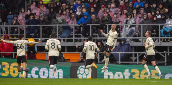 BURNLEY, ENGLAND - Sunday, February 13, 2022: Liverpool's Fabio Henrique Tavares 'Fabinho' (2nd from R) celebrates after scoring the first goal during the FA Premier League match between Burnley FC and Liverpool FC at Turf Moor. (Pic by David Rawcliffe/Propaganda)