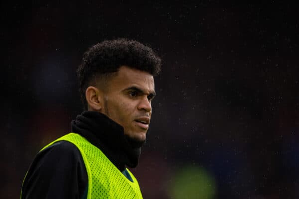 BURNLEY, ENGLAND - Sunday, February 13, 2022: Liverpool's substitute Luis Díaz warms-up before during the FA Premier League match between Burnley FC and Liverpool FC at Turf Moor. (Pic by David Rawcliffe/Propaganda)