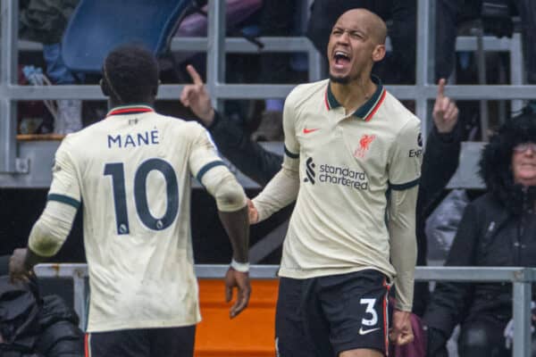 BURNLEY, ENGLAND - Sunday, February 13, 2022: Liverpool's Fabio Henrique Tavares 'Fabinho' celebrates after scoring the first goal during the FA Premier League match between Burnley FC and Liverpool FC at Turf Moor. (Pic by David Rawcliffe/Propaganda)