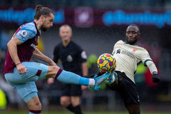 BURNLEY, ENGLAND - Sunday, February 13, 2022: Liverpool's Naby Keita (R) and Burnley's Jay Rodriguez during the FA Premier League match between Burnley FC and Liverpool FC at Turf Moor. (Pic by David Rawcliffe/Propaganda)