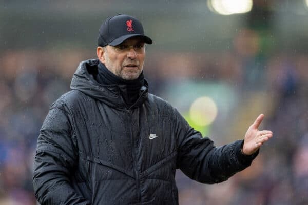 BURNLEY, ENGLAND - Sunday, February 13, 2022: Liverpool's manager Jürgen Klopp during the FA Premier League match between Burnley FC and Liverpool FC at Turf Moor. (Pic by David Rawcliffe/Propaganda)