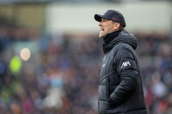 BURNLEY, ENGLAND - Sunday, February 13, 2022: Liverpool's manager Jürgen Klopp during the FA Premier League match between Burnley FC and Liverpool FC at Turf Moor. (Pic by David Rawcliffe/Propaganda)