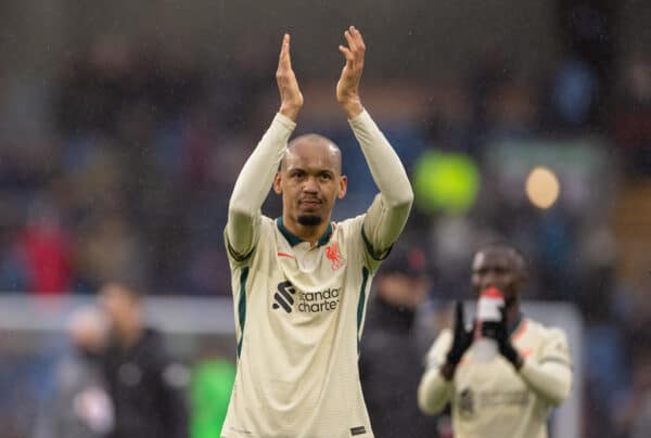 BURNLEY, ENGLAND - Sunday, February 13, 2022: Liverpool's goal-scorer Fabio Henrique Tavares 'Fabinho' celebrates after the FA Premier League match between Burnley FC and Liverpool FC at Turf Moor. Liverpool won 1-0. (Pic by David Rawcliffe/Propaganda)