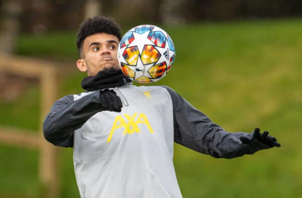 LIVERPOOL, ENGLAND - Tuesday, February 15, 2022: Liverpool's Luis Díaz during a training session at the AXA Training Centre ahead of the UEFA Champions League Round of 16 1st Leg game between FC Internazionale Milano and Liverpool FC. (Pic by David Rawcliffe/Propaganda)