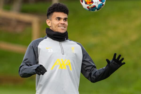 LIVERPOOL, ENGLAND - Tuesday, February 15, 2022: Liverpool's Luis Díaz during a training session at the AXA Training Centre ahead of the UEFA Champions League Round of 16 1st Leg game between FC Internazionale Milano and Liverpool FC. (Pic by David Rawcliffe/Propaganda)