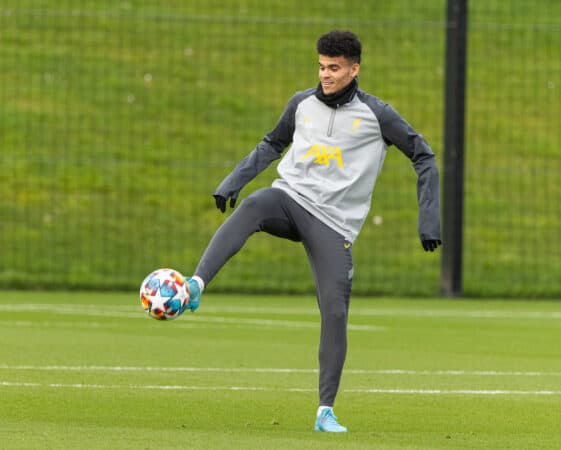 LIVERPOOL, ENGLAND - Tuesday, February 15, 2022: Liverpool's Luis Díaz during a training session at the AXA Training Centre ahead of the UEFA Champions League Round of 16 1st Leg game between FC Internazionale Milano and Liverpool FC. (Pic by David Rawcliffe/Propaganda)