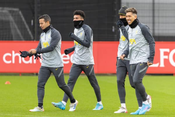 LIVERPOOL, ENGLAND - Tuesday, February 15, 2022: Liverpool's Thiago Alcantara, Luis Díaz, Fabio Henrique Tavares 'Fabinho' and Roberto Firmino during a training session at the AXA Training Centre ahead of the UEFA Champions League Round of 16 1st Leg game between FC Internazionale Milano and Liverpool FC. (Pic by David Rawcliffe/Propaganda)