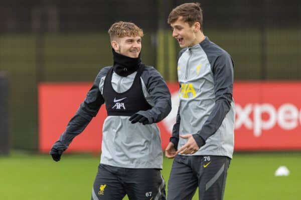LIVERPOOL, ENGLAND - Tuesday, February 15, 2022: Liverpool's Harvey Elliott (L) and Tyler Morton during a training session at the AXA Training Centre ahead of the UEFA Champions League Round of 16 1st Leg game between FC Internazionale Milano and Liverpool FC. (Pic by David Rawcliffe/Propaganda)
