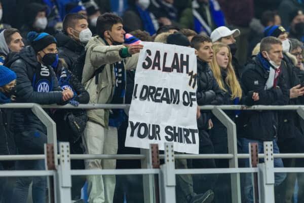 MILAN, ITALY - Tuesday, February 15, 2022: An FC Internazionale Milano supporter with a sign asking for the shirt of Liverpool's Mohamed Salah before the UEFA Champions League Round of 16 1st Leg game between FC Internazionale Milano and Liverpool FC at the Stadio San Siro. (Pic by David Rawcliffe/Propaganda)