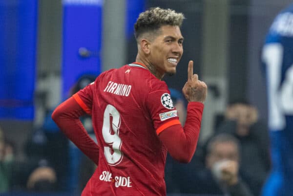 MILAN, ITALY - Tuesday, February 15, 2022: Liverpool's Roberto Firmino celebrates after scoring the first goal during the UEFA Champions League Round of 16 1st Leg game between FC Internazionale Milano and Liverpool FC at the Stadio San Siro. (Pic by David Rawcliffe/Propaganda)