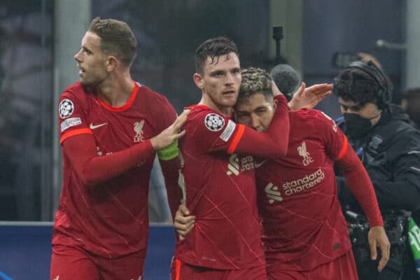 MILAN, ITALY - Tuesday, February 15, 2022: Liverpool's Roberto Firmino (R) celebrates with team-mate Andy Robertson (C) after scoring the first goal during the UEFA Champions League Round of 16 1st Leg game between FC Internazionale Milano and Liverpool FC at the Stadio San Siro. (Pic by David Rawcliffe/Propaganda)