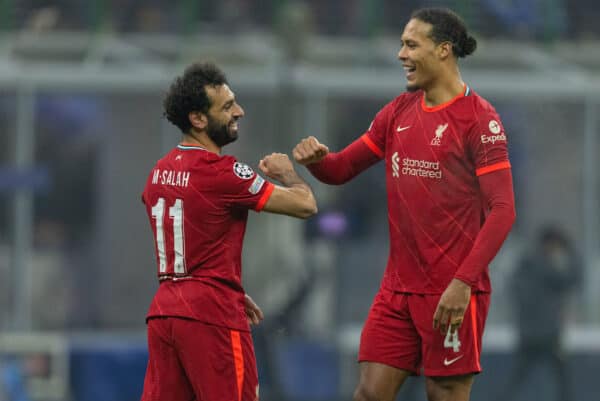 MILAN, ITALY - Tuesday, February 15, 2022: Liverpool's Mohamed Salah (L) celebrates with team-mate Virgil van Dijk after scoring the second goal during the UEFA Champions League Round of 16 1st Leg game between FC Internazionale Milano and Liverpool FC at the Stadio San Siro. (Pic by David Rawcliffe/Propaganda)