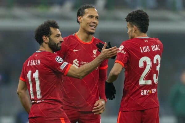 MILAN, ITALY - Tuesday, February 15, 2022: Liverpool's Mohamed Salah (L) celebrates with team-mates Virgil van Dijk (C) and Luis Díaz (R) after scoring the second goal during the UEFA Champions League Round of 16 1st Leg game between FC Internazionale Milano and Liverpool FC at the Stadio San Siro. (Pic by David Rawcliffe/Propaganda)