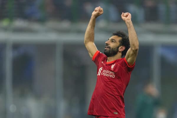 MILAN, ITALY - Tuesday, February 15, 2022: Liverpool's Mohamed Salah celebrates after scoring the second goal during the UEFA Champions League Round of 16 1st Leg game between FC Internazionale Milano and Liverpool FC at the Stadio San Siro. (Pic by David Rawcliffe/Propaganda)