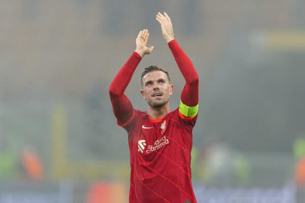 MILAN, ITALY - Tuesday, February 15, 2022: Liverpool's captain Jordan Henderson celebrates after the UEFA Champions League Round of 16 1st Leg game between FC Internazionale Milano and Liverpool FC at the Stadio San Siro. Liverpool won 2-0. (Pic by David Rawcliffe/Propaganda)