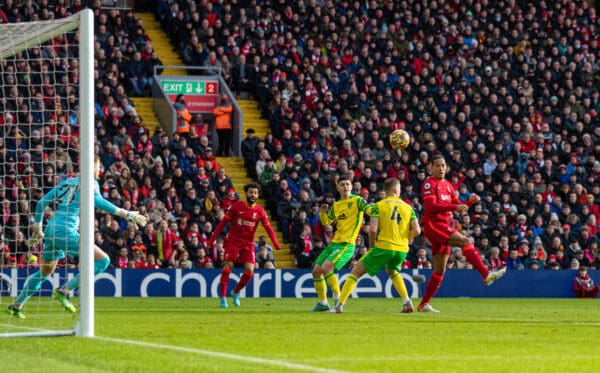 LIVERPOOL, ENGLAND - Saturday, February 19, 2022: Liverpool's Virgil van Dijk sees his header saved during the FA Premier League match between Liverpool FC and Norwich City FC at Anfield. (Pic by David Rawcliffe/Propaganda)