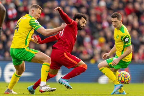 LIVERPOOL, ENGLAND - Saturday, February 19, 2022: Liverpool's Mohamed Salah during the FA Premier League match between Liverpool FC and Norwich City FC at Anfield. (Pic by David Rawcliffe/Propaganda)