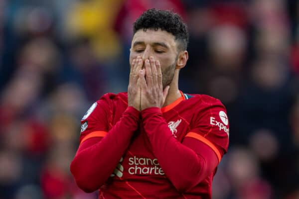 LIVERPOOL, ENGLAND - Saturday, February 19, 2022: Liverpool's Alex Oxlade-Chamberlain looks dejected after missing a chance during the FA Premier League match between Liverpool FC and Norwich City FC at Anfield. (Pic by David Rawcliffe/Propaganda)