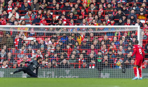 LIVERPOOL, ENGLAND - Saturday, February 19, 2022: Liverpool's goalkeeper Alisson Becker is beaten as Norwich City score the opening goal during the FA Premier League match between Liverpool FC and Norwich City FC at Anfield. (Pic by David Rawcliffe/Propaganda)