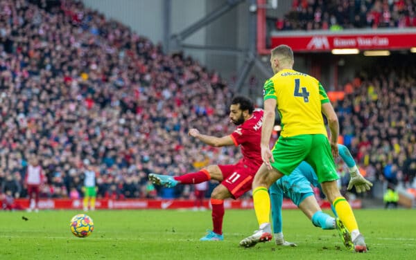 LIVERPOOL, ENGLAND - Saturday, February 19, 2022: Liverpool's scores the second goal during the FA Premier League match between Liverpool FC and Norwich City FC at Anfield. (Pic by David Rawcliffe/Propaganda)