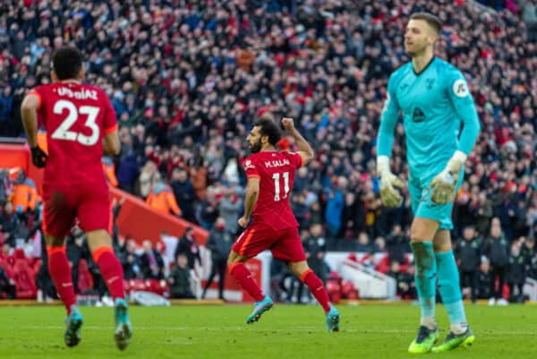 LIVERPOOL, ENGLAND - Saturday, February 19, 2022: Liverpool's Mohamed Salah celebrates after scoring the second goal during the FA Premier League match between Liverpool FC and Norwich City FC at Anfield. (Pic by David Rawcliffe/Propaganda)