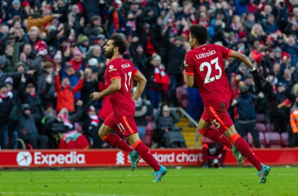 LIVERPOOL, ENGLAND - Saturday, February 19, 2022: Liverpool's Mohamed Salah celebrates after scoring the second goal during the FA Premier League match between Liverpool FC and Norwich City FC at Anfield. (Pic by David Rawcliffe/Propaganda)