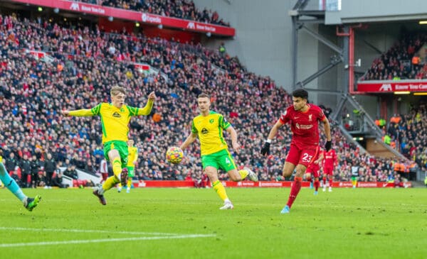 LIVERPOOL, ENGLAND - Saturday, February 19, 2022: Liverpool's Luis Díaz scores the third goal during the FA Premier League match between Liverpool FC and Norwich City FC at Anfield. (Pic by David Rawcliffe/Propaganda)