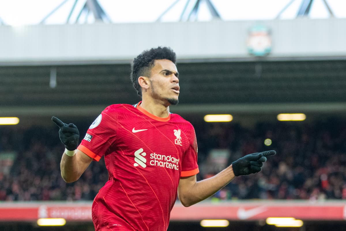 LIVERPOOL, ENGLAND - Saturday, February 19, 2022: Liverpool's Luis Díaz celebrates after scoring the third goal during the FA Premier League match between Liverpool FC and Norwich City FC at Anfield. (Pic by David Rawcliffe/Propaganda)