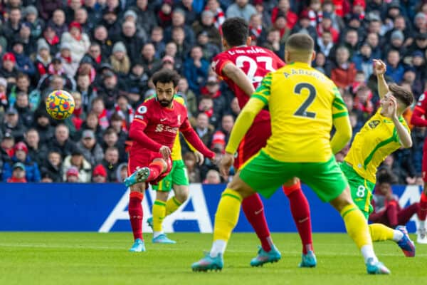 LIVERPOOL, ENGLAND - Saturday, February 19, 2022: Liverpool's Mohamed Salah shoots during the FA Premier League match between Liverpool FC and Norwich City FC at Anfield. (Pic by David Rawcliffe/Propaganda)