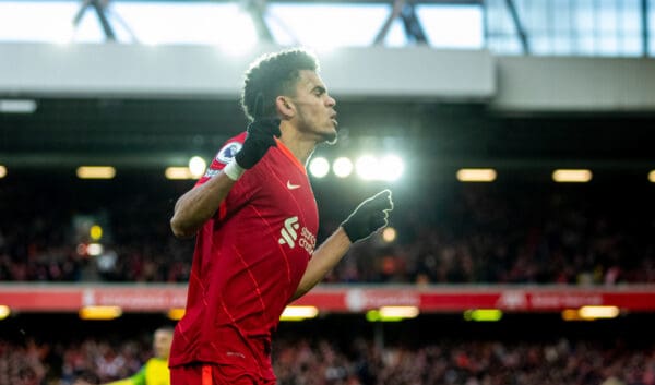 LIVERPOOL, ENGLAND - Saturday, February 19, 2022: Liverpool's Luis Díaz celebrates after scoring the third goal during the FA Premier League match between Liverpool FC and Norwich City FC at Anfield. (Pic by David Rawcliffe/Propaganda)