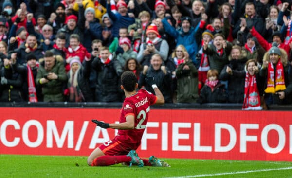 LIVERPOOL, ENGLAND - Saturday, February 19, 2022: Liverpool's Luis Díaz celebrates after scoring the third goal during the FA Premier League match between Liverpool FC and Norwich City FC at Anfield. (Pic by David Rawcliffe/Propaganda)